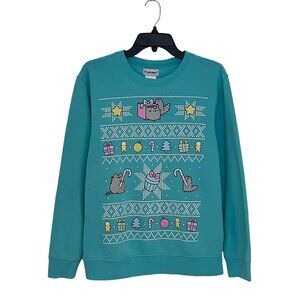 Pusheen Holiday Sweatshirt — Teal Christmas Cat Graphic Sweater (Size S)